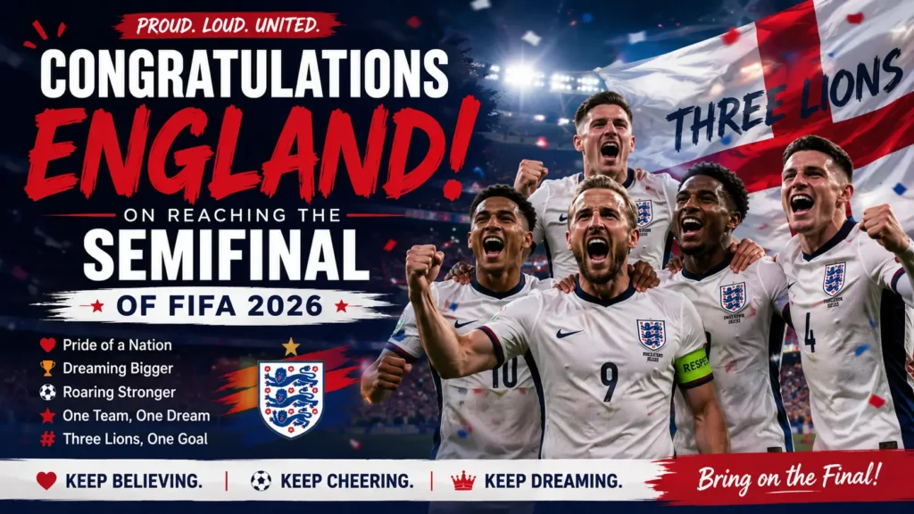 Congratulations to England on Reaching the Semifinal of FIFA 2026 Captions for Social Media
